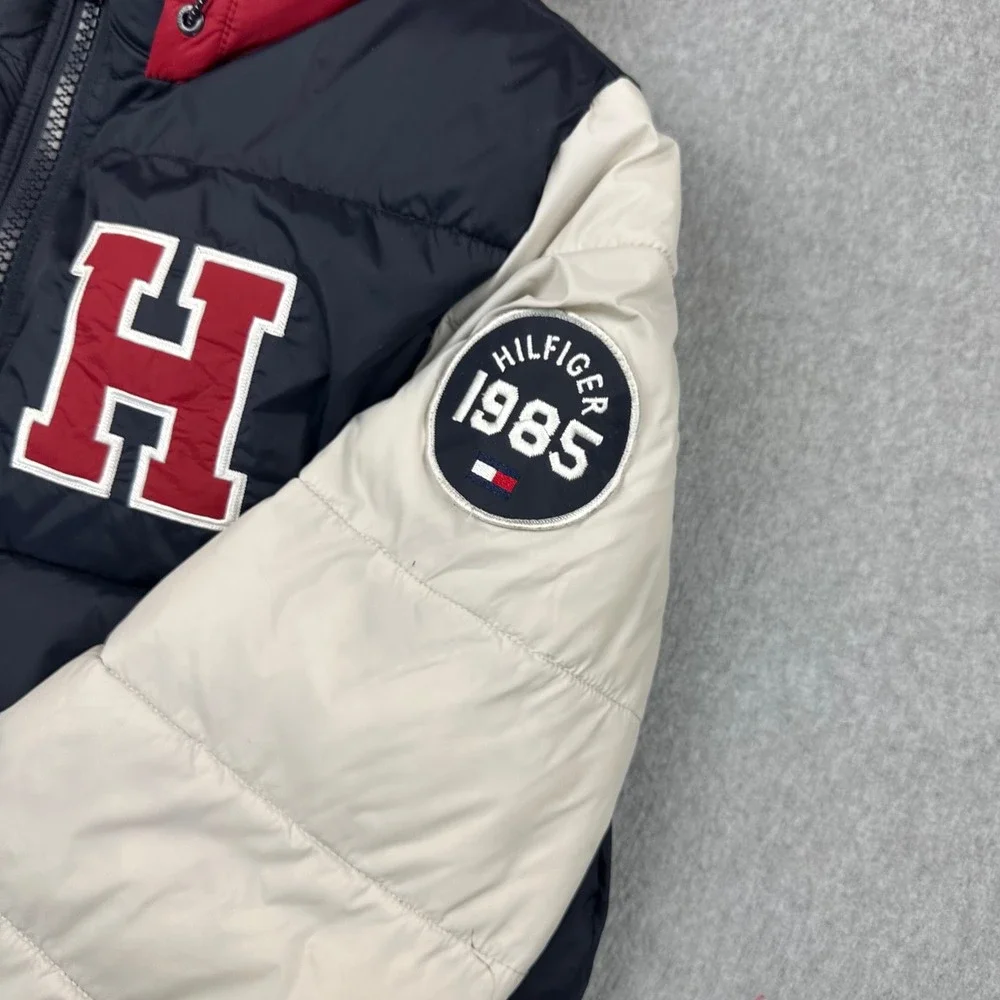 Tommy Hilfiger Mens XL Puffer Jacket Varsity Colorblock Navy White Red Hooded
